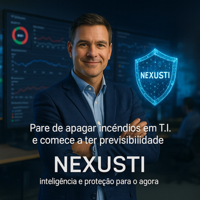 Especialista NEXUSTI em um ambiente de monitoramento de TI, simbolizando inteligência e proteção em tempo real.